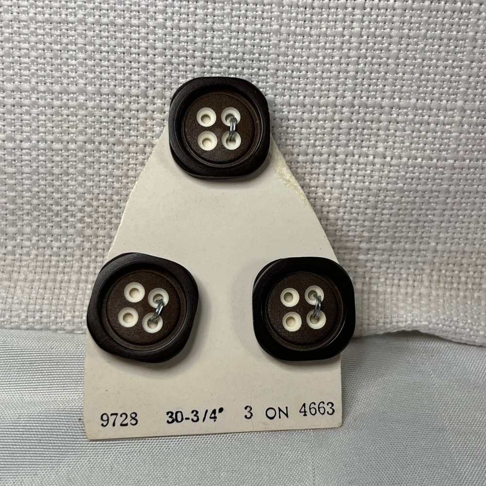 Vintage Brown Square Buttons Set of 3 Cream Center 4-Hole 3/4 Inch 9728
